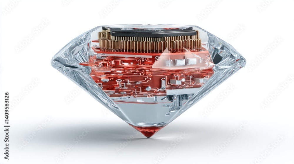 Poster A brilliant diamond gemstone encases a sophisticated computer circuit board showcasing advanced technology within a precious jewel.