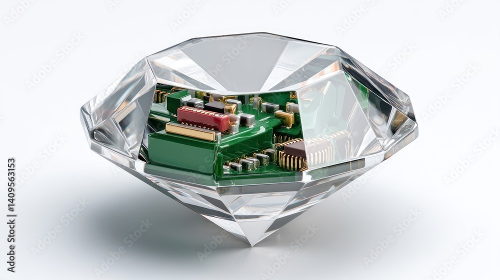 Poster a sparkling diamond gemstone encases a complex circuit board showcasing technological innovation and
