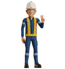 Isolate industrial worker raise 2 finger hand sign
