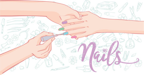 decoration and paint nails .Nail art background . Hand drawn illustration.