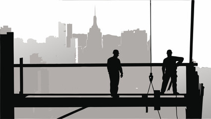 Urban Ascent: Silhouetted Workers on the Steel Beam
