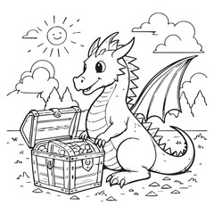 A vector illustration of a dragon sitting next to a treasure chest. 