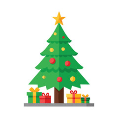 Christmas Tree Illustration with Presents and Ornaments Winter Holiday Design  