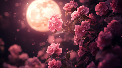 Fototapeta premium Pink Blossoms and Full Moon Glow