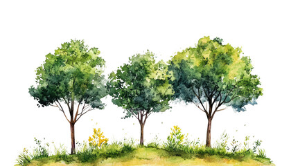 Fototapeta premium Nature scene watercolor trees on green hill composition tranquil environment. Isolated on transparent background, png.