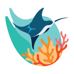 Ocean Wildlife Scene Manta Ray Swimming Colorful Coral Reef Vector Art  