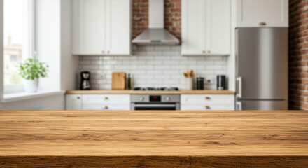 Fototapeta premium Inviting modern kitchen interior with wooden countertop featuring stylish decor and appliances in natural light