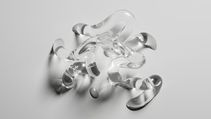 abstract liquid glass shapes, intertwined clear tubes isolated on light background, 3d rendering