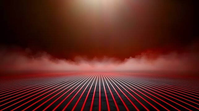 The image shows a dark, smoky landscape with a ground composed of parallel red lines converging at a distant point, creating a futuristic or abstract scene.