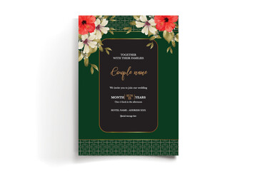 WEDDING INVITATION FRAME WITH FLOWER DECORATIONS AND FRESH LEAVES