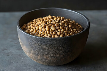 A dark bowl brimming with lightly toasted soy beans.