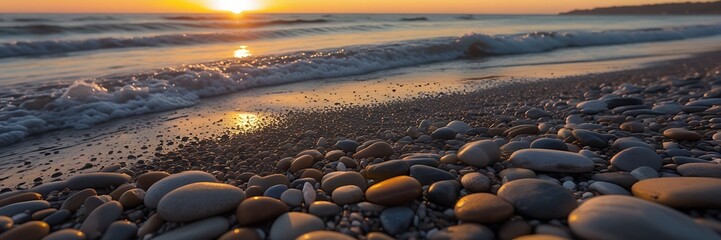 Obraz premium A serene sunset paints the sky above the ocean, with scattered rocks and pebbles adorning the sandy beach below