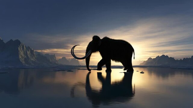 big mammoth walking on the snow field