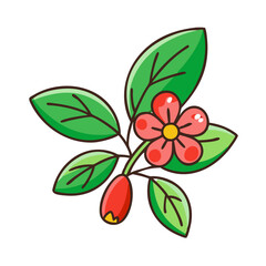 Cartoon floral design with flower, leaves, and berry