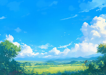 青空のアニメタッチ風景イラスト　generative ai