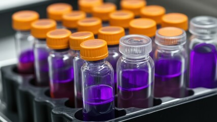 Close-up of test tubes with purple liquid in a sample tray, laboratory setting.