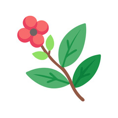 Simple Red Flower with Green Leaves Illustration Icon
