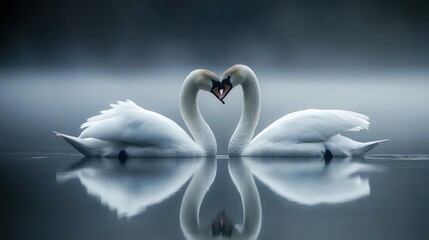 Misty lake swans heart love romance nature