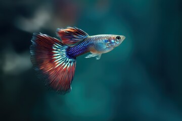 Fototapeta premium Vibrant Peacock Guppy with Colorful Tail Fin Display in Deep Green Aquatic Setting.