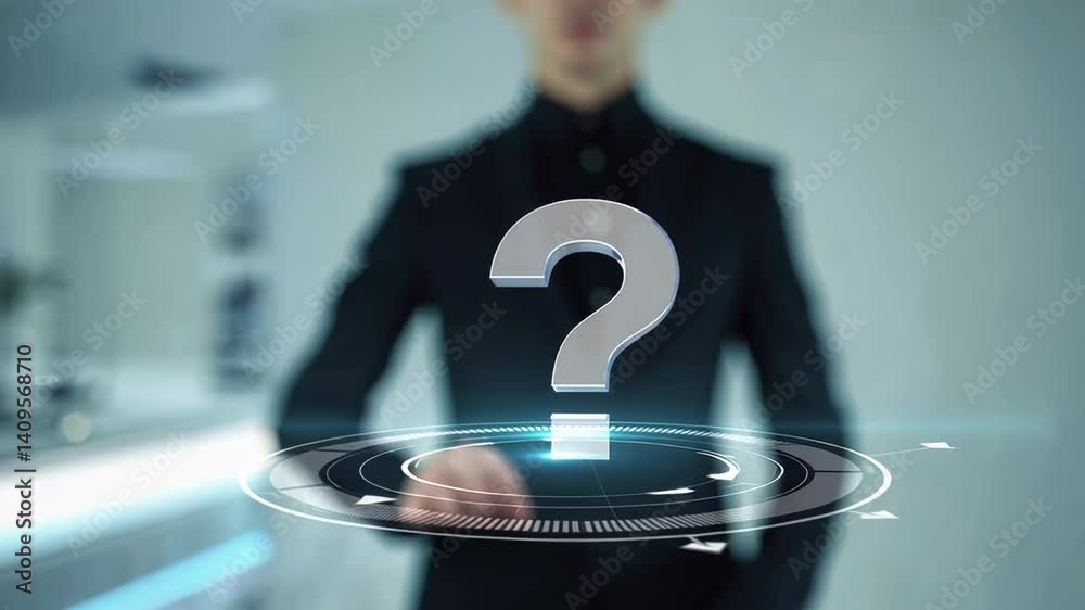 Poster Businessman in a suit interacts with a holographic question mark interface, symbolizing decision making, problem solving, and seeking answers in a modern technological environment