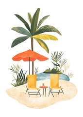 Obraz premium PNG Summer time illustration chairs tree.