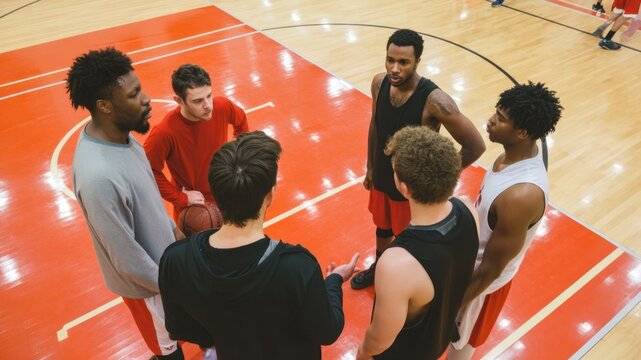 Basketball team strategizing in a huddle on the court, focusing on the game. - Powered by Adobe