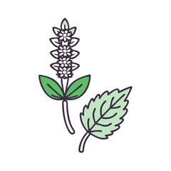 Cartoon Purple Flowers and Green Leaves on Black