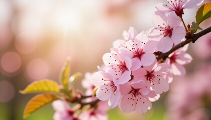 Fototapeta premium Blooming cherry blossom branch in tranquil garden, spring awakening