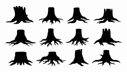 set of old tree stump with roots silhouette vector on white background