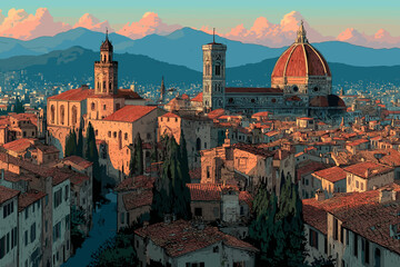 Obraz premium Sunset vector illustration of Florence with the Duomo, historic towers, terracotta rooftops, and mountain backdrop in warm evening light