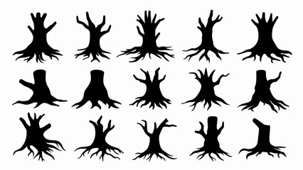 set of old tree stump with roots silhouette vector on white background