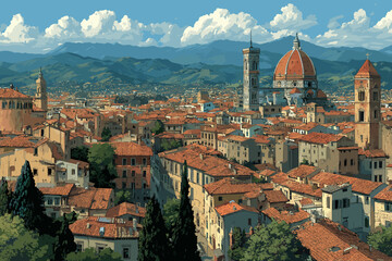 Obraz premium Vector illustration of Florence cityscape with terracotta rooftops, iconic Duomo, and Tuscan hills in the background under a bright blue sky