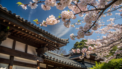 Naklejka premium Cherry Blossoms Bloom Beside Traditional Japanese Architecture On A Clear Spring Day