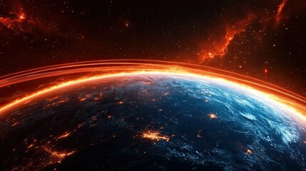 Obraz premium Planet Earth with glowing continents and blue oceans, encircled by rings, while red energy beams converge against a dark space backdrop.