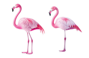 Fototapeta premium Two Pink Flamingos Isolated on White Background Exotic Bird Wildlife Nature Ornithology Zoology Colorful Plumage Long Legs Graceful Posture Phoenicopterus roseus Vibrant Tropical Fauna Elegance