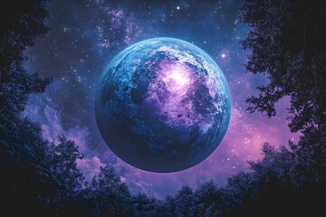Obraz premium Cosmic planet hangs above a twilight forest.