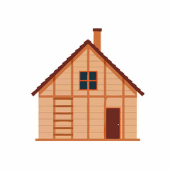 Wooden House with Gable Roof and Chimney. Vector Image