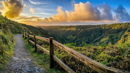 Scenic mountain trail at sunset with a wooden fence.