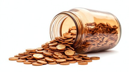 Copper coins spill from a glass jar, a golden cascade.