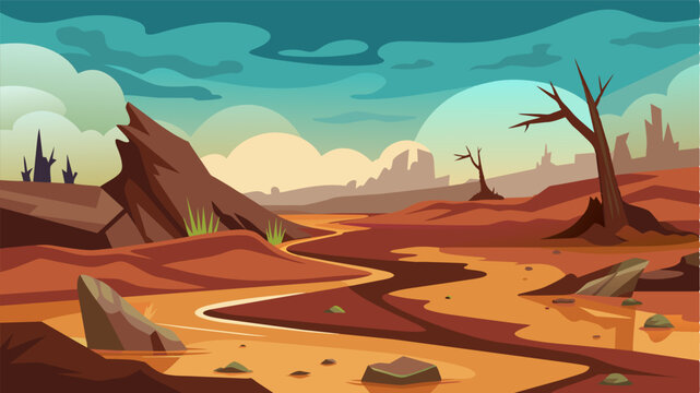 The flood had wreaked havoc eroding the soil and carrying away everything in its path. What was left was a barren muddy wasteland.. Vector illustration