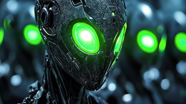 Alien clone soldiers with green glowing eyes prepare for mission in a futuristic setting, Alien clone soldiers green glowing eyes