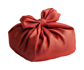 Gift wrapping action creative red fabric wrap in home artistic perspective. Isolated on transparent background, png.