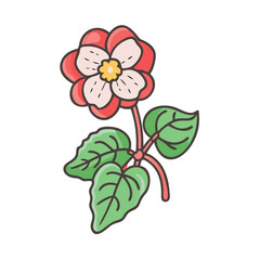 Cute Pink Flower Vector Illustration with Leaves on Black