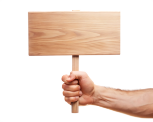 human hand holding blank demonstration wooden sign isolated on white  background PNG ,AI GENERATED