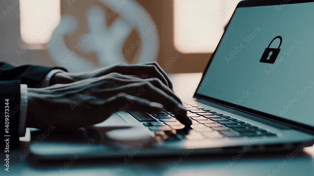 Poster digital security professional working at laptop, entering confidential password, displaying lock ico