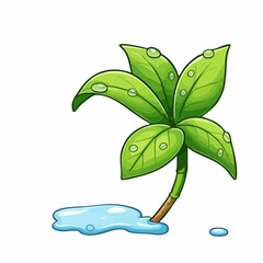 Dewdrops on Lush Green Plant with Puddle. Vector Image