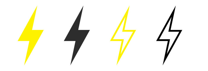Set lightning bolt,  Thunderbolt flat style - stock vector. flash lightning bolt icon with thunder bolt - Electric power icon symbol - Power energy icon sign in filled, thin, line, outline and stroke 