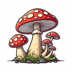 Cluster of Red Mushrooms with White Spots and Grass. Vector Image
