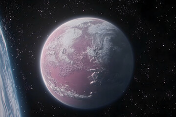 Obraz premium A pinkish, distant planet orbits a star.