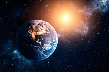 Fototapeta premium Earth bathed in starlight and sun's golden glow in the vast cosmos.